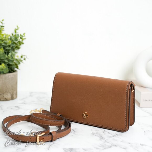 NWT Tory Burch Emerson Saffiano Mini Crossbody Purse Bag Clutch 159463 Moose - Picture 2 of 9